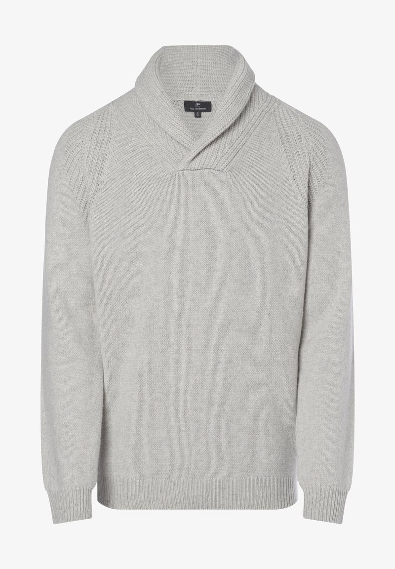 Pull léger gris avec un col châle, des détails texturés aux épaules, des poignets et un ourlet côtelés, fabriqué en matériau tricoté doux.