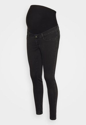 Jean de maternité noir avec une ceinture haute extensible conçue pour soutenir un ventre de femme enceinte, présenté sur fond blanc.