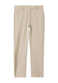 Beige broek van een gladde, rekbare stof. Ze hebben een rechte snit, twee voorzakken en een subtiele textuur.