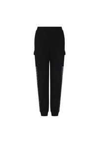 Pantaloni jogger neri in tessuto morbido, con tasche laterali e pannelli lucidi strutturati lungo i lati. Completati con polsini elasticizzati.