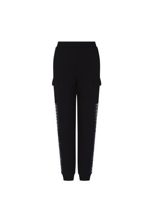 Pantaloni jogger neri in tessuto morbido, con tasche laterali e pannelli lucidi strutturati lungo i lati. Completati con polsini elasticizzati.