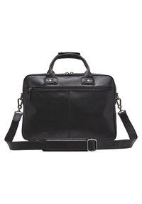 Zwarte leren aktetas met dubbele handvatten, verstelbare schouderriem, voorzak met ritssluiting en subtiele stikseldetails. Gladde textuur.