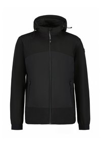 Chaqueta cortavientos negra con cierre frontal, capucha ajustable y dos bolsillos laterales. Fabricada con un material suave y ligero con acabado mate.