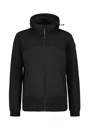 Zwarte windbreaker jas met een rits aan de voorkant, verstelbare capuchon en twee zijzakken. Gemaakt van soepel, lichtgewicht materiaal met een matte afwerking.