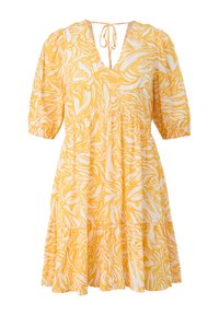 Gelbes Kleid mit floralem Muster, V-Ausschnitt, kurzen Puffärmeln und einem gestuften Rock. Leichter Stoff mit einer weichen Textur.