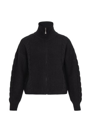 Melnā zipa džemperis ar augstu apkakli, sporta stila, ar strukturētu ribu modeli un kabelīšu adījuma akcentiem uz piedurknēm. Īsā dizainā.