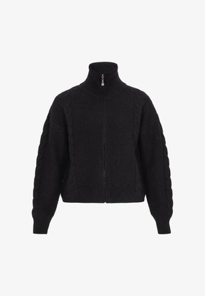 Musthave mustru jakk musta zip-up, millel on kõrge krae, tekstuuriga ribatud keha ja nööride kudumise detailid varrukate ääres. Lühendatud disain.