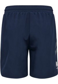 Marina idrottsshorts med elastisk midja, slät yta och vita grafiska mönster på ena sidan. Inga synliga fickor.