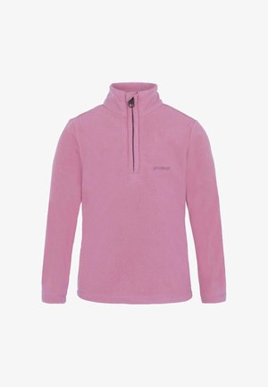 Pullover in pile rosa con maniche lunghe, colletto alto, zip frontale a metà e piccolo logo ricamato "protest" sul petto.