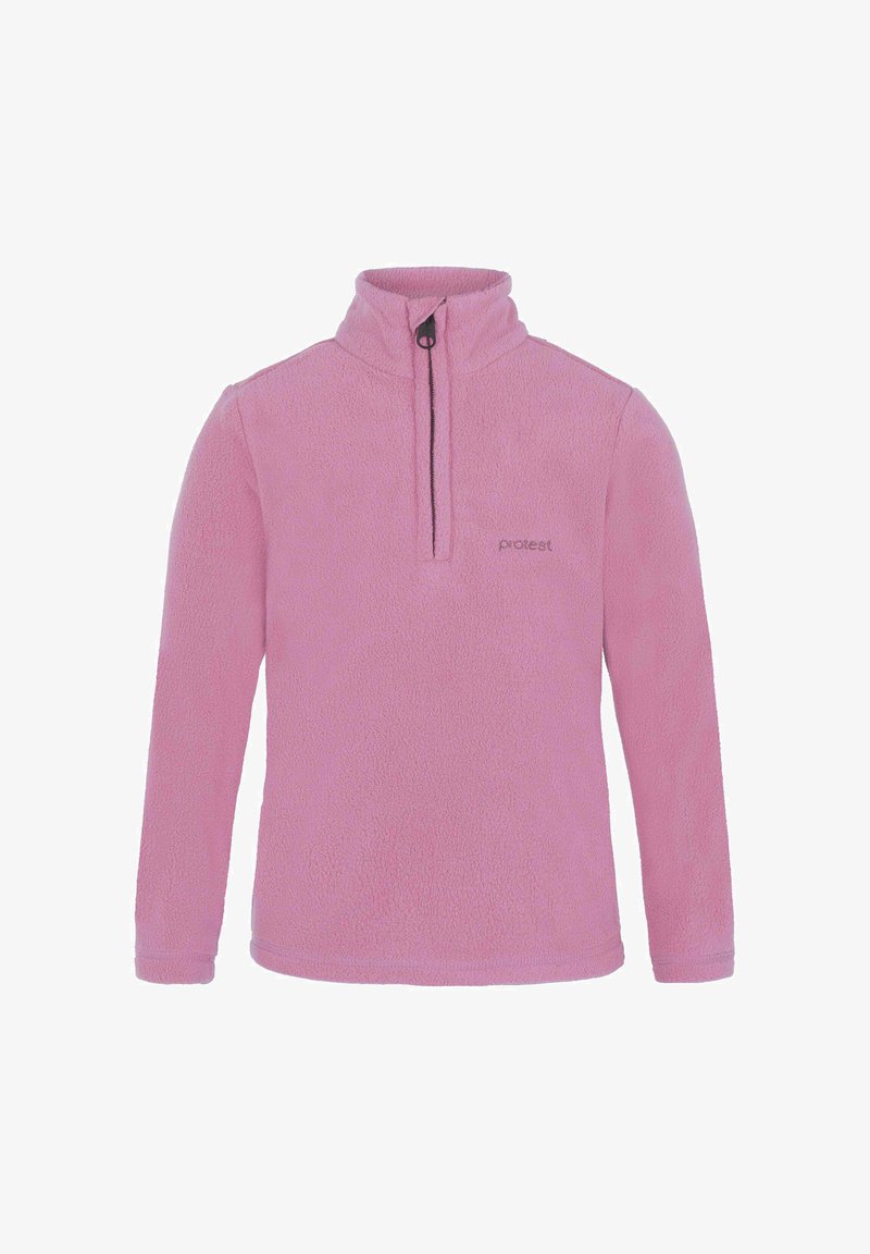 Roze fleecetrekker met lange mouwen, staande kraag, halve rits aan de voorkant en een klein geborduurd "protest" logo op de borst.