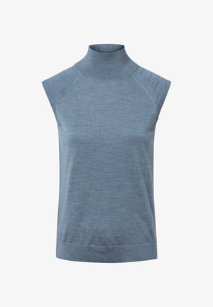 Helles blaues ärmelloses Rollkragenoberteil mit glatter Textur und geripptem Halsausschnitt. Verfügt über Raglanärmel und eine taillierte Silhouette.