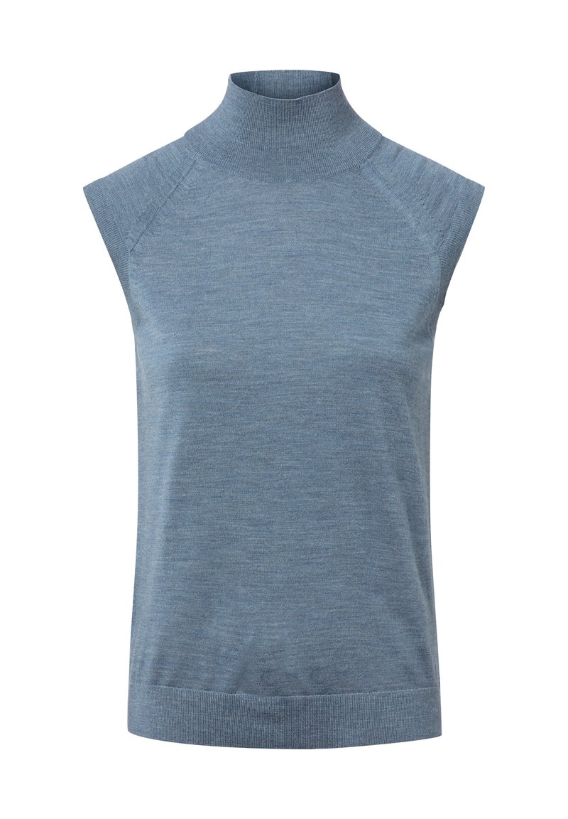Top sans manches col roulé bleu clair avec une texture lisse et un col côtelé. Présente des épaules raglan et une silhouette ajustée.