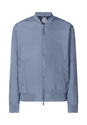 Light blue bomber jacket with front zipper, two side pockets, ribbed collar, cuffs, and waistband, displayed on a white background.