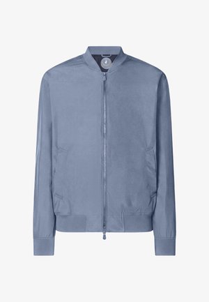 Light blue bomber jacket with front zipper, two side pockets, ribbed collar, cuffs, and waistband, displayed on a white background.