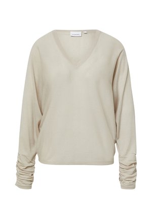 Beige V-neck sweater with long, gathered sleeves and a soft, textured fabric. Casual design suitable for layering or standalone wear.