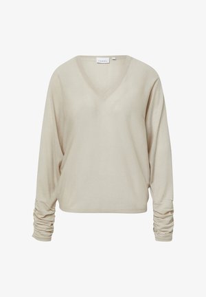 Beige V-neck sweater with long, gathered sleeves and a soft, textured fabric. Casual design suitable for layering or standalone wear.