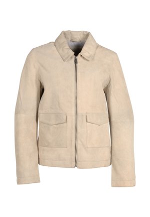 Helle beige Lederjacke mit Reißverschluss, spitzem Kragen und zwei Vordertaschen. Glatte Textur und schlichte, minimalistische Gestaltung.