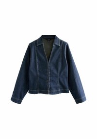 Denimjakke i mørkeblå, med krave, frontlukning med knapper, lange ærmer og kontrasterende syninger.