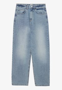 Ljusblå denimjeans med hög midja, rak bendesign, fem fickor och knappstängning i midjan. Slät textur.