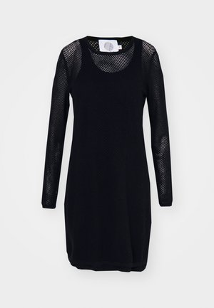 Black mesh dress with long sleeves, scoop neckline, and textured surface. Features a simple silhouette and ribbed hem.