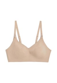 Reggiseno wireless beige con spalline regolabili, tessuto morbido, design minimalista e senza cuciture visibili, con scollo a barco.