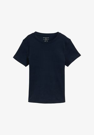 Kék, rövid ujjú pamut póló, kerek nyakkivágással és egyszerű, díszítés nélküli szabással, normál fazonnal.