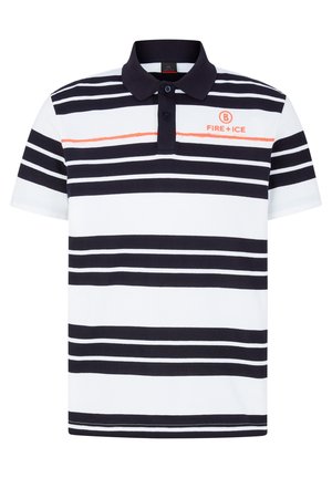Polo shirt lengan pendek berwarna putih dengan garis horizontal biru navy dan biru muda. Dilengkapi dengan placket tiga tombol dan logo merah di dada.