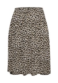 Leopardprint rok met een elastische tailleband, uitgerust met plooien langs het lichaam, gemaakt van lichte stof in verschillende tinten beige en zwart.