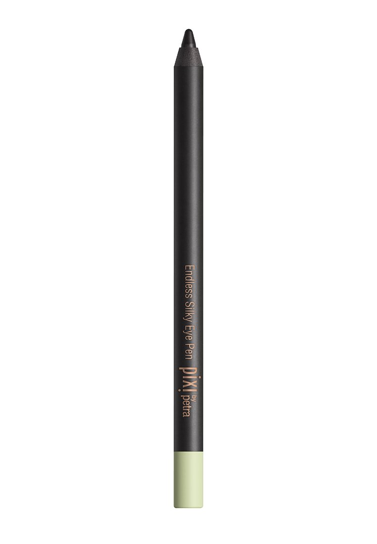 Zwarte oogpotlood met een puntige punt, matte afwerking, met een mintgroene dop en gouden letters die "Endless Silky Eye Pen" lezen.