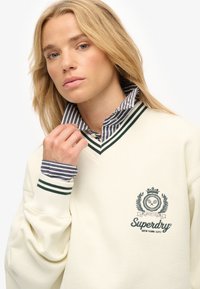 Sudadera crema con acentos verdes y escote en V. Presenta un logotipo bordado y un cuello a rayas. Textura suave y corte relajado.