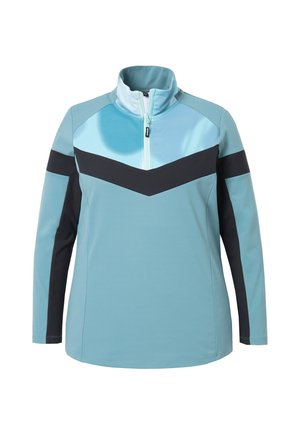 Lyseblå pullover med lange ærmer, sort chevron og striber i siden, kvart lynlås og opretstående krave.