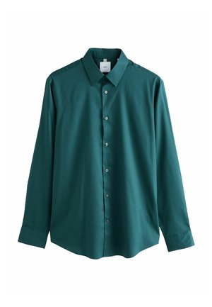 Cămașă albastră cu mânecă lungă, de tip button-up, cu guler ascuțit, textură netedă și nasturi argintii, având un tiv ușor rotunjit.