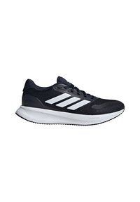 Chaussure de course noire avec logo trois bandes blanc, semelle blanche amortie et design à lacets, vue de côté sur fond blanc.