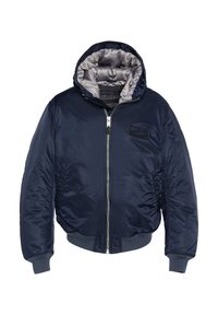 Marineblauwe bomberjack met een capuchon, voorzien van een ritssluiting, elastische boorden en een gladde, satijnachtige textuur. De binnenzijde is grijs.