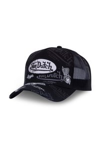 Casquette trucker en maille noire avec logo et motifs blancs de Von Dutch. Visage courbé et sangle ajustable à l'arrière. Accents en tissu texturé.