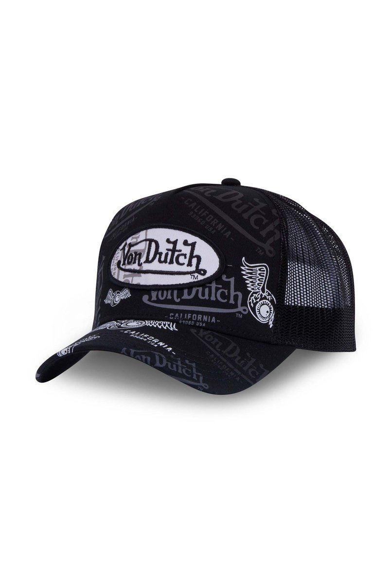Casquette trucker en maille noire avec logo et motifs blancs de Von Dutch. Visage courbé et sangle ajustable à l'arrière. Accents en tissu texturé.