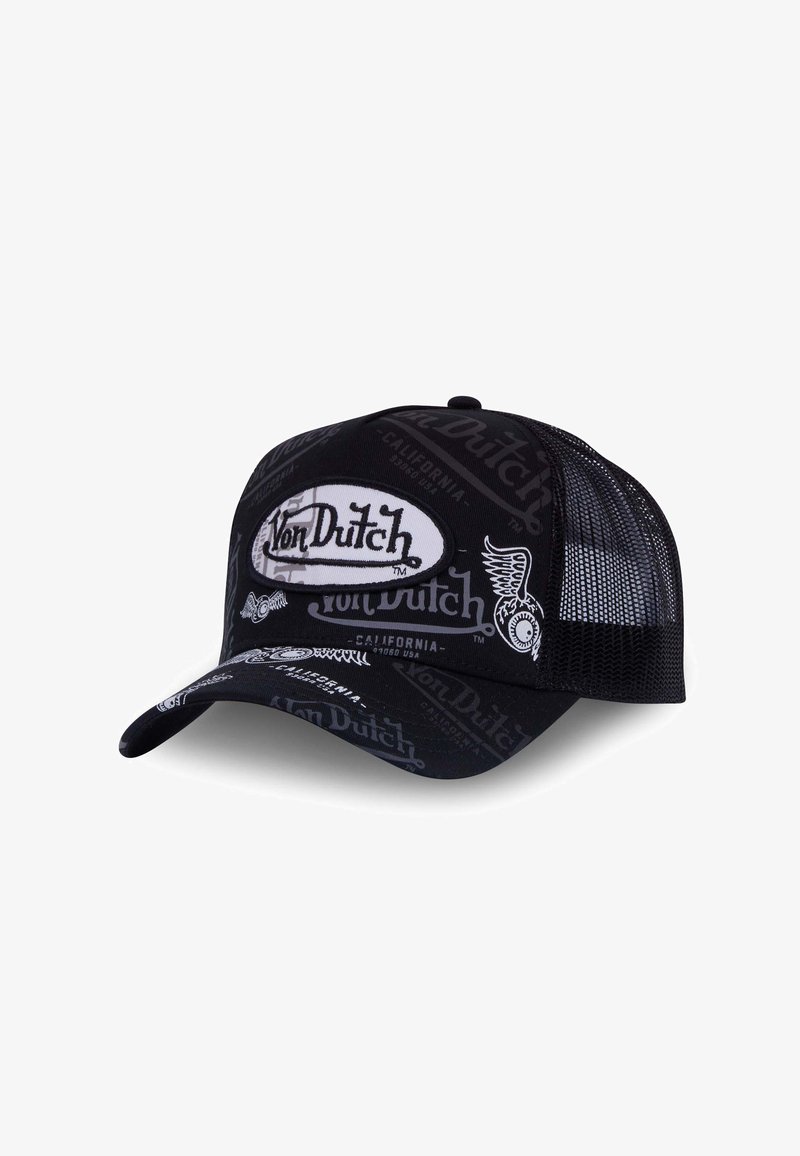 Casquette trucker en maille noire avec logo et motifs blancs de Von Dutch. Visage courbé et sangle ajustable à l'arrière. Accents en tissu texturé.