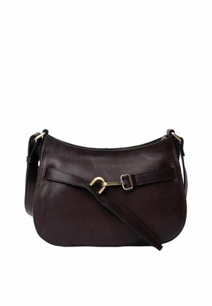 Dark brown textured leather shoulder bag with adjustable strap and gold-tone metal buckle detail on front.