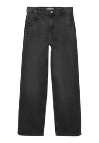 Leveälahkeiset mustat denimpantsarit, joissa viisipokkoinen malli, nappisuljenta ja suora leikkaus. Kangas on sileäpintainen ja siinä on vain vähän haalistumaa.