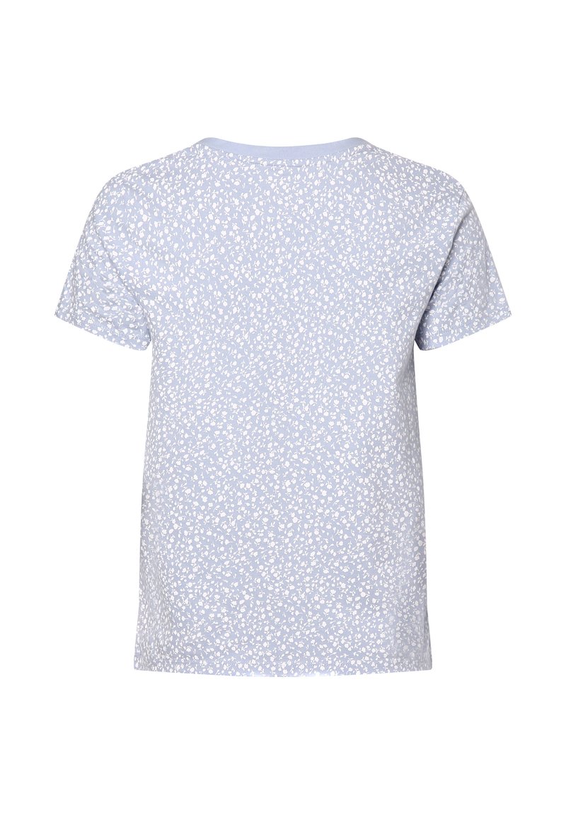 T-shirt à manches courtes bleu clair avec un motif floral blanc. Matière en coton doux, coupe décontractée et col rond.