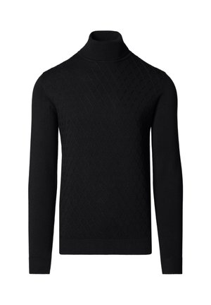 Czarny sweter z długim rękawem i golfem, z teksturowanym wzorem diamentowym na przodzie oraz ściągaczami na mankietach i na dole.