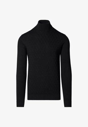 Czarny sweter z długim rękawem i golfem, z teksturowanym wzorem diamentowym na przodzie oraz ściągaczami na mankietach i na dole.