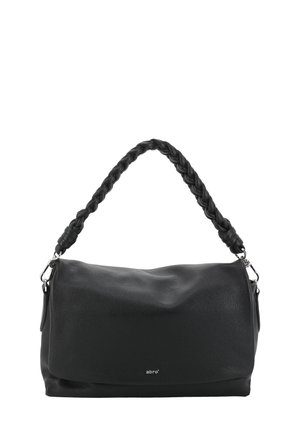 Black leather handbag with a textured finish, a braided handle, and a magnetic snap closure, featuring a silver logo on the front.