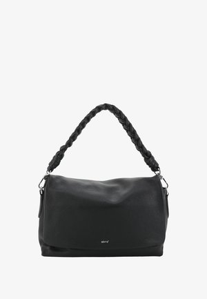 Black leather handbag with a textured finish, a braided handle, and a magnetic snap closure, featuring a silver logo on the front.