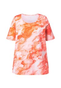 T-shirt s krátkým rukávem a kulatým výstřihem v odstínech oranžové, zdobený vířivým abstraktním vzorem s květinovými prvky a jemnými ozdobami.