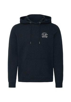 Marineblauwe hoodie met een voorzak zoals een kangoeroe, verstelbare trekkoordkap en witte tekst op de borst met de tekst "B.L.E.N.D The Best of the Denim Workers ESTD 1993."