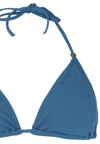 Mėlynas tekstūruotas trikampis bikini viršus su pintu kaklo raišteliu ir žalvario akcentais. Savybės: siūti kraštai, užtikrinantys tvirtą prigludimą.