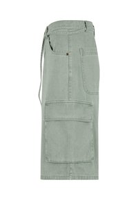 Jupe en denim vert clair avec une coupe droite, dotée d'une grande poche avant et de liens sur les côtés, matériel mat et une finition légèrement texturée.
