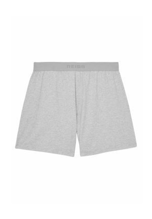 Pantaloni corti in cotone grigi con una vita elastica sulla quale è stampato il nome del marchio "REISS" in un grigio più chiaro. Design semplice e dalla vestibilità rilassata.
