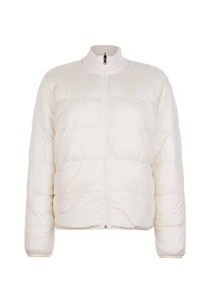 Hvid dynejakke med vandrette quiltning, fuld frontlynlås, høj ribkrave og lange ærmer.